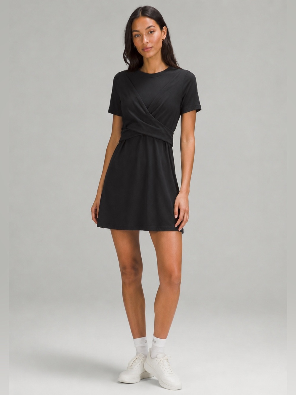 Lululemon Wrap Dress Black Pima Cotton Tie Back Stretch A-Line Dress Size 10 Est